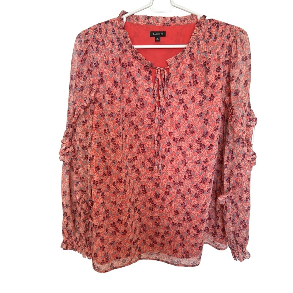 Talbots Top Women's Size Large Blouse‎ Floral Print Sheer Tie Neck Casual Pink